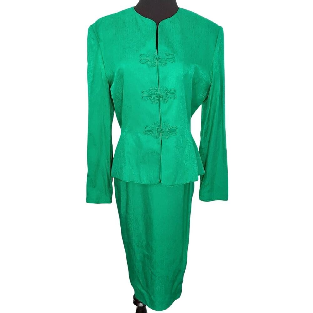 Vintage 80s Secretary Skirt Suit 100% Silk Toggle Front Blazer Set Womens 8 Teal